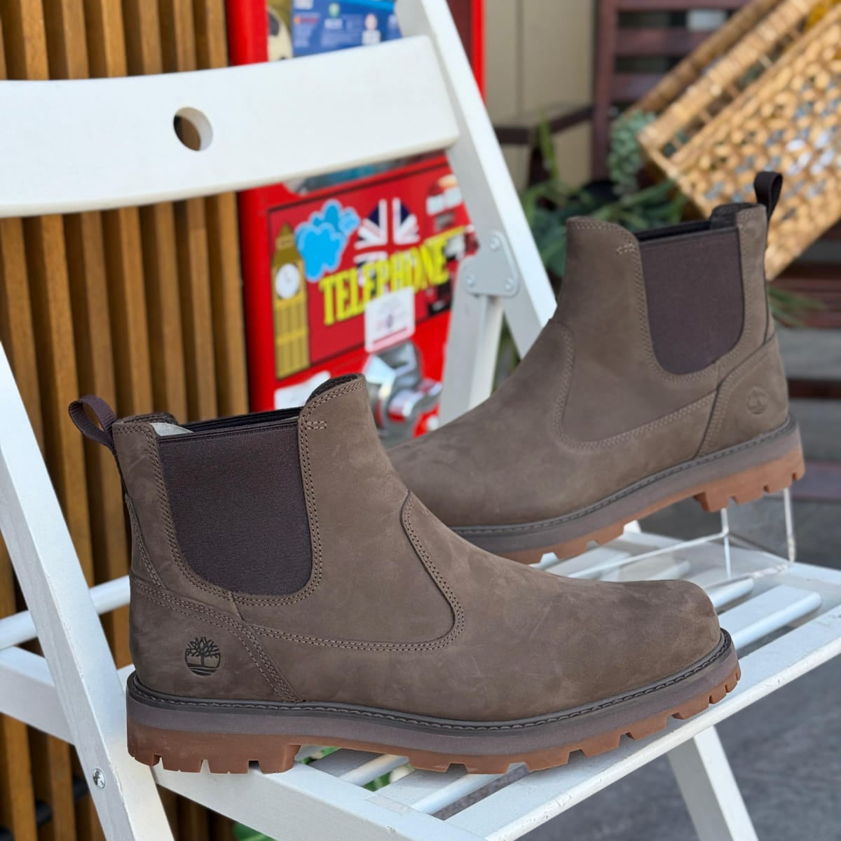 Timberland Britton Road Mid Chelsea dark brown men’s boots outdoor on white chair background