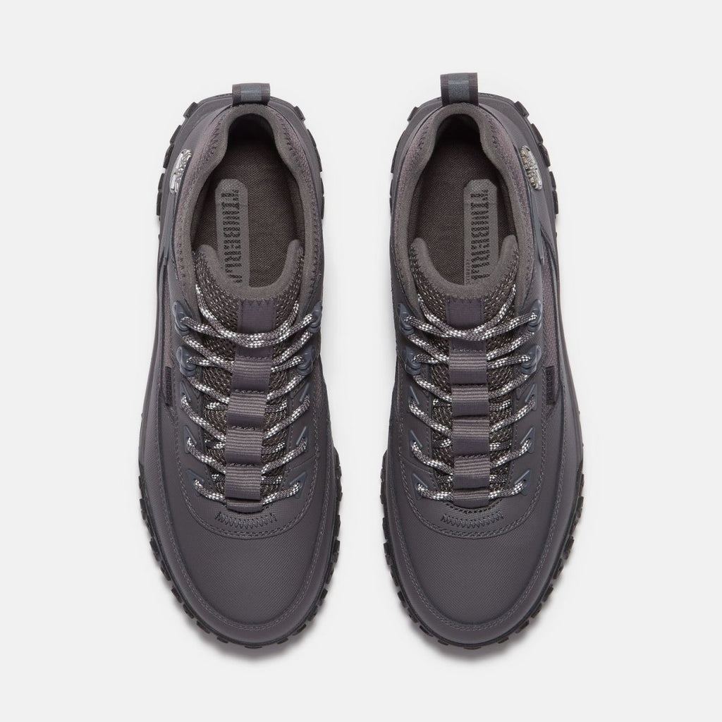 Timberland GS Motion grey men’s hiking boots top angle showing laces and brandin