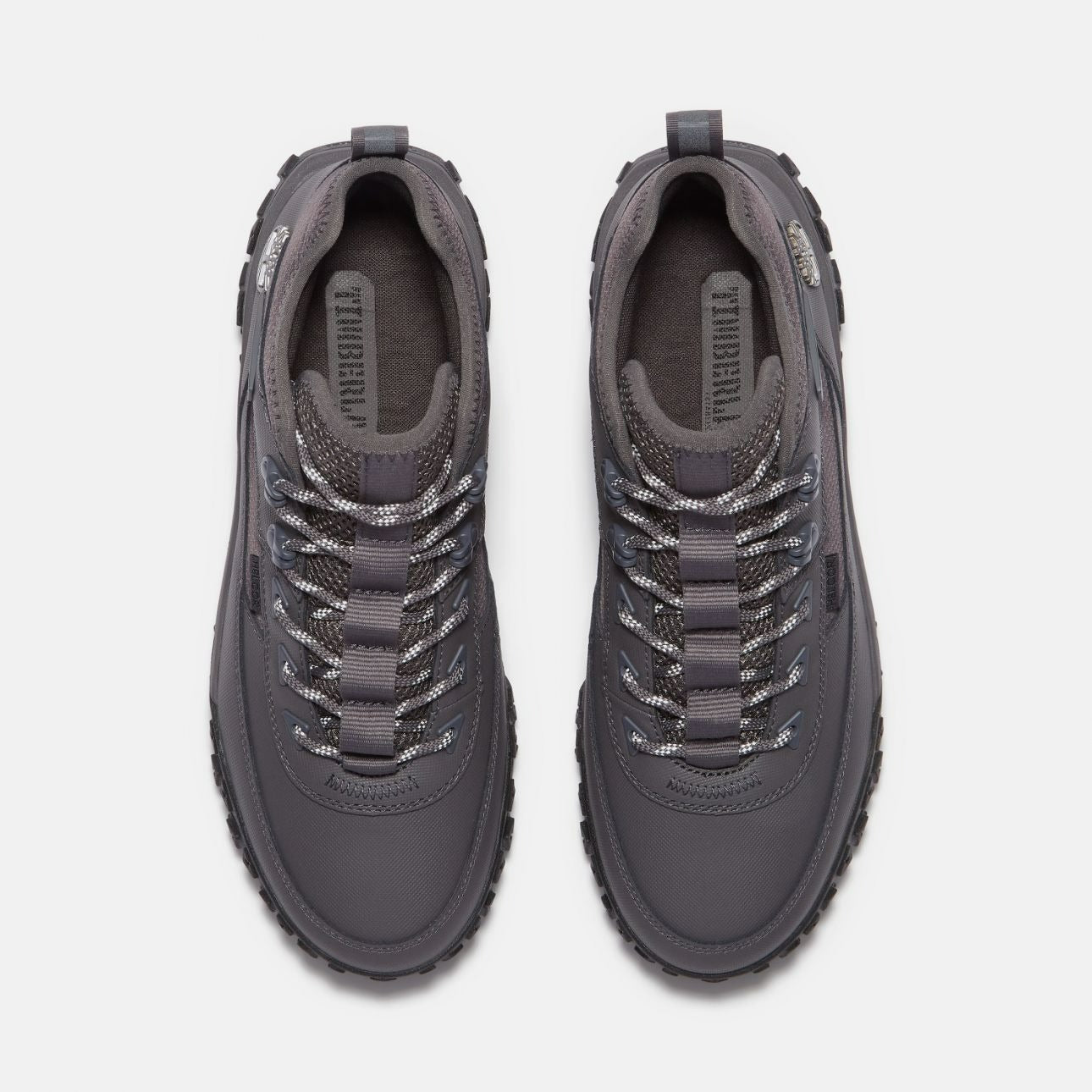 Timberland GS Motion grey men’s hiking boots top angle showing laces and brandin