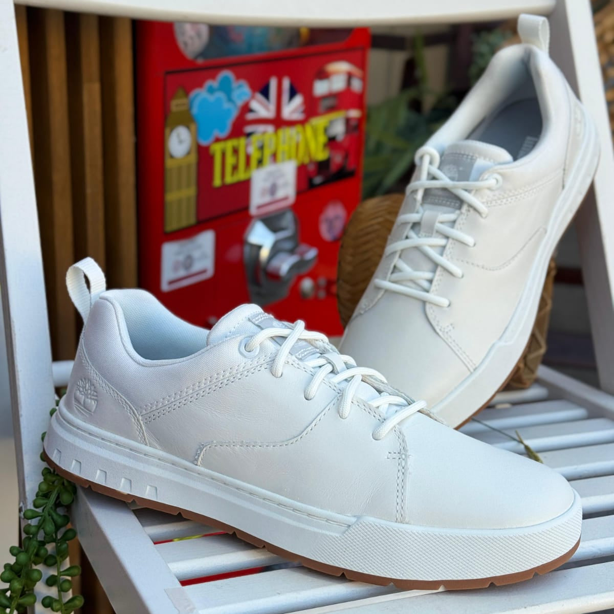 Timberland Maple Grove Leather Trainers white men’s sneakers outdoor on chair