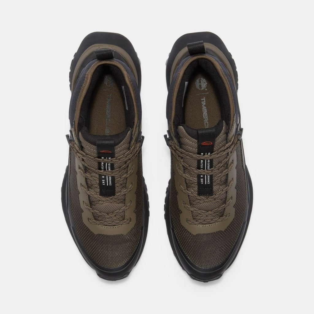 Timberland Motion Access Mid khaki men’s sneakers top angle with laces and branding