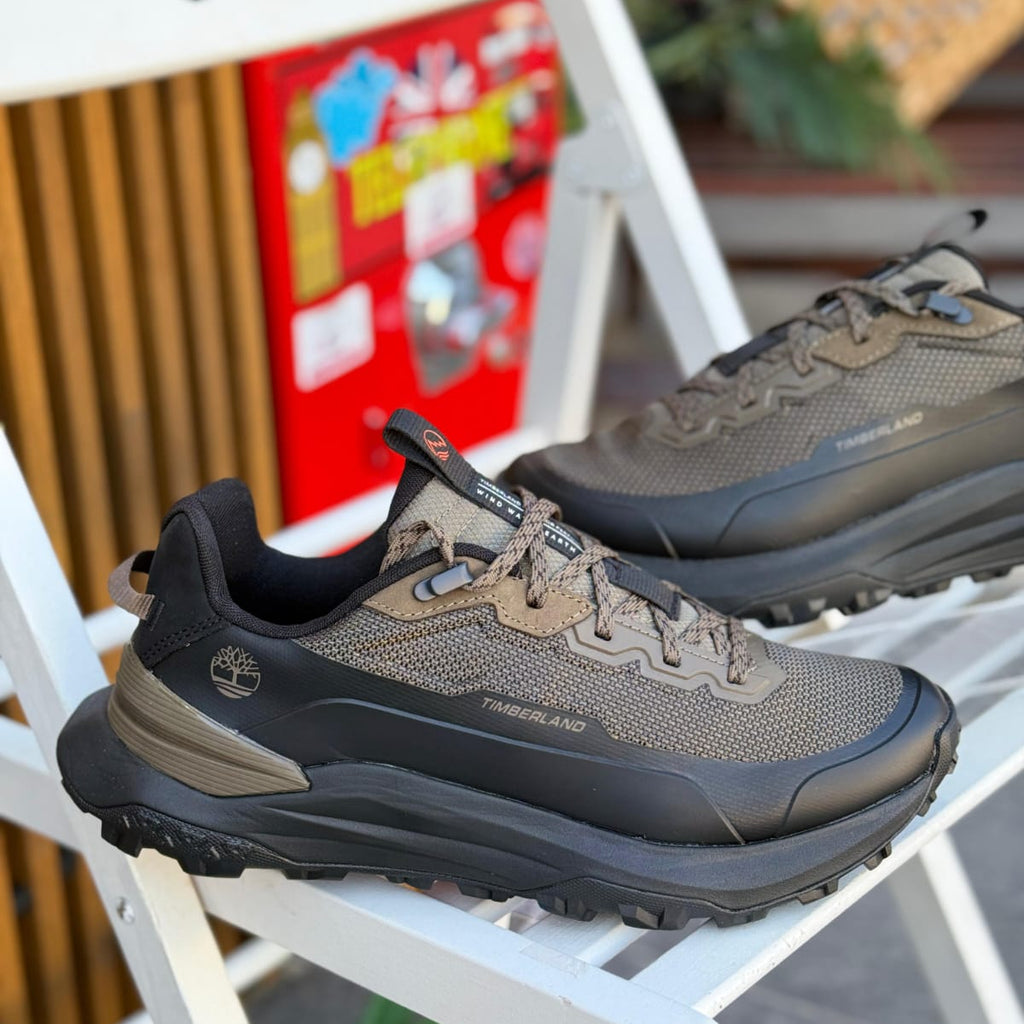 Timberland Motion Access dark brown men’s sneakers outdoor on white chair background