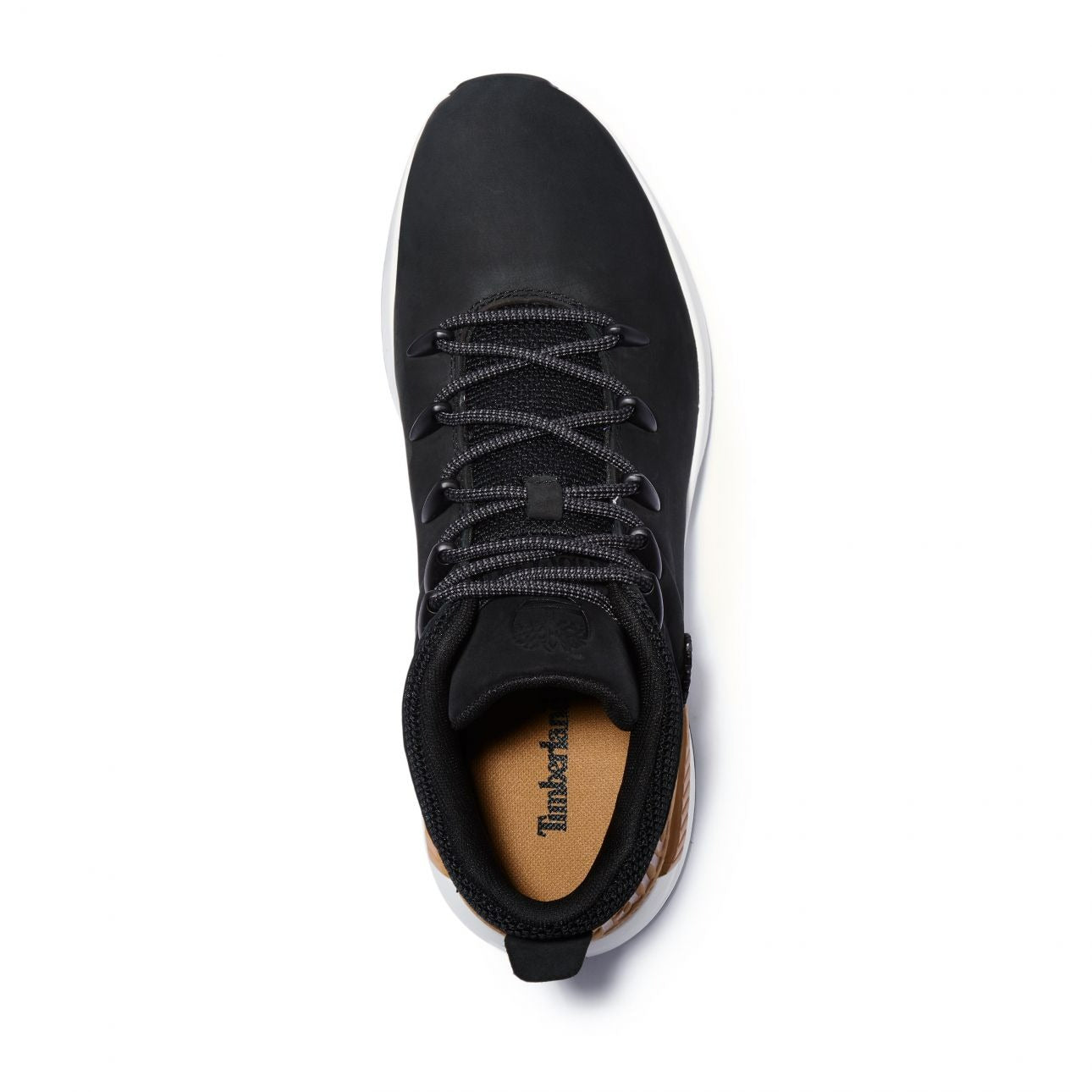 Timberland Sprint Trekker Mid black brown men’s boots top angle showing laces and logo insole