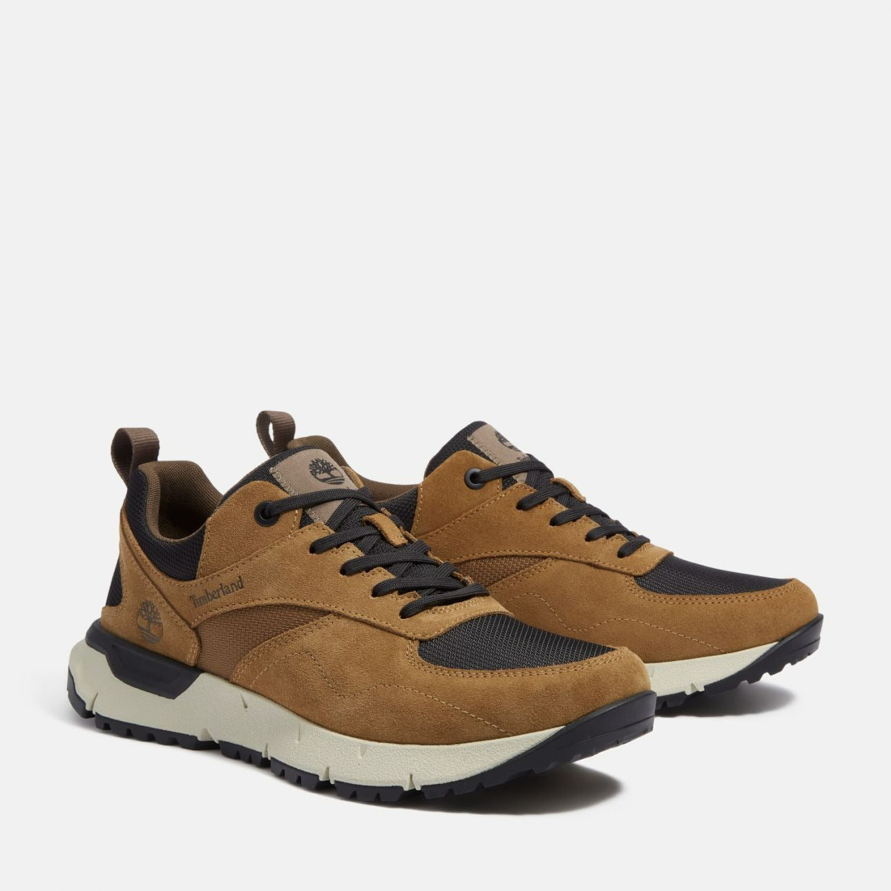 Timberland Voyager Park Low Lace-Up brown black men’s sneakers angled front pair view