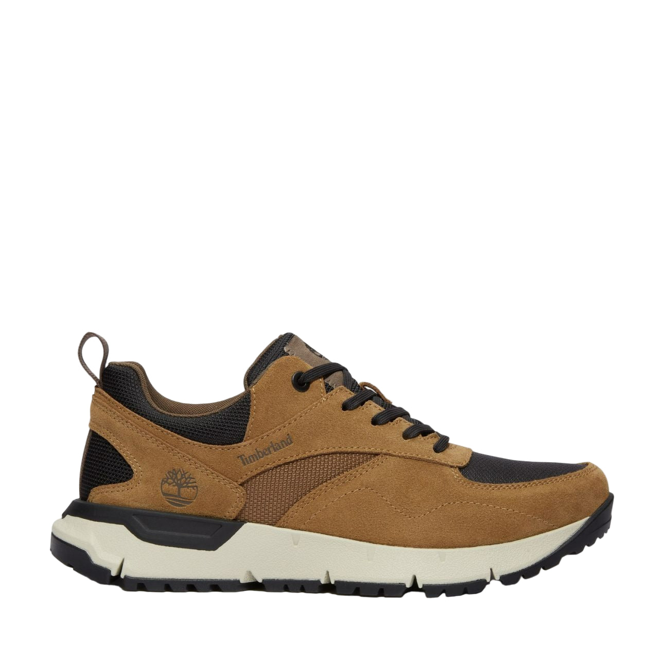 Timberland Voyager Park Low Lace-Up brown black men’s sneakers side profile with black outsole and beige midsole
