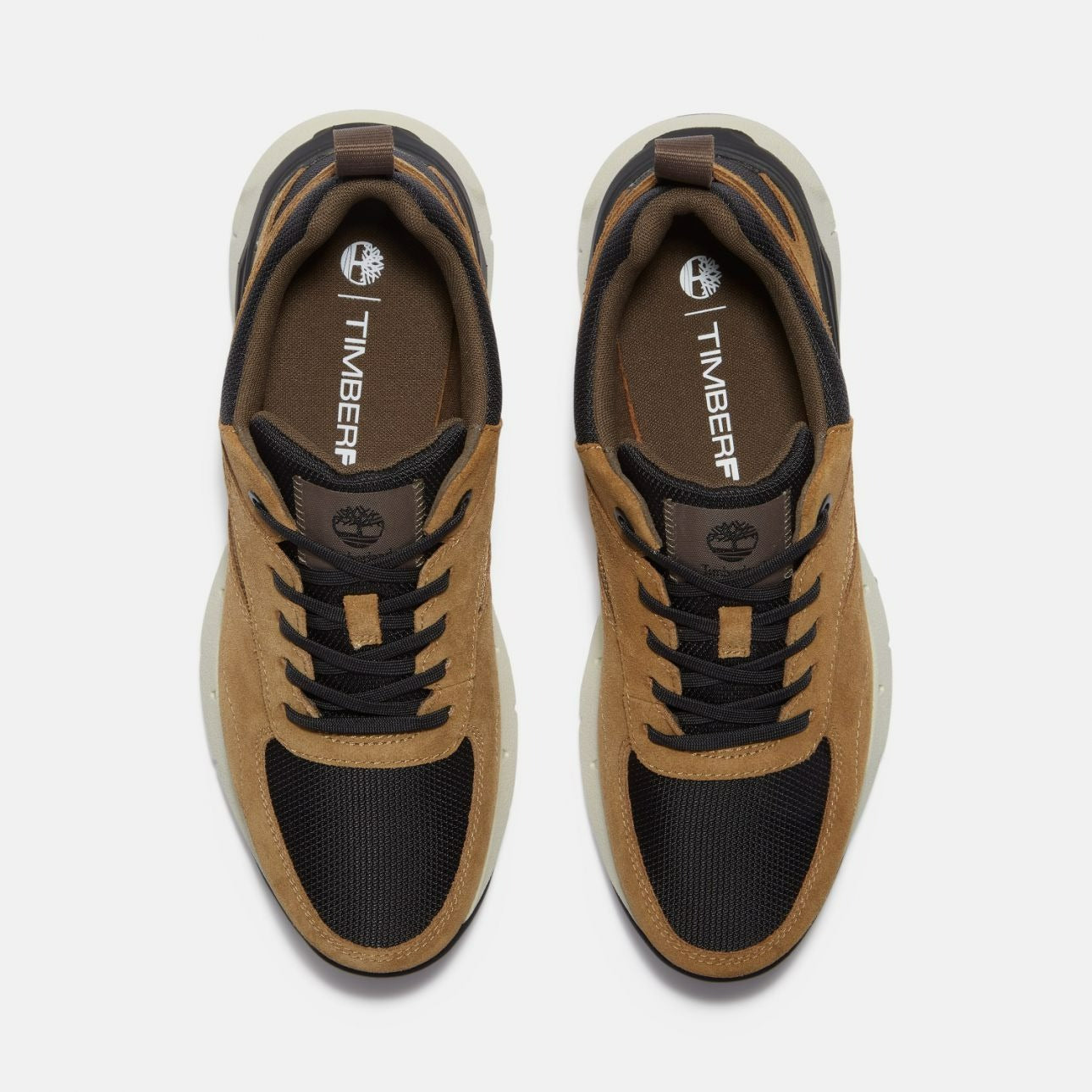 Timberland Voyager Park Low Lace-Up brown black men’s sneakers top view showing mesh and leather details