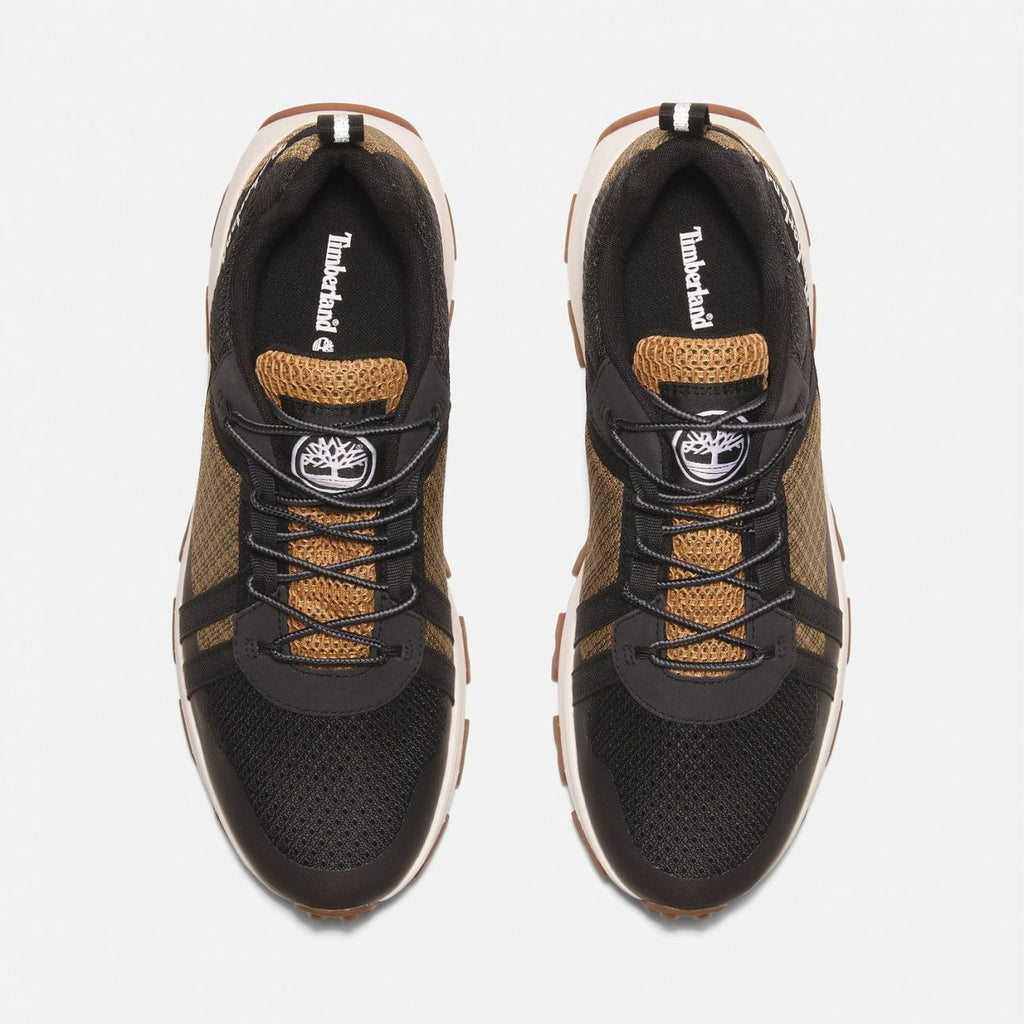 Timberland Winsor Trail black brown men’s sneakers top angle with black laces and mesh design