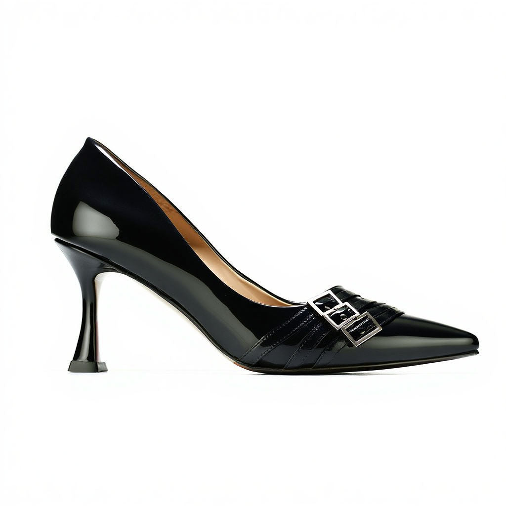 Black high-heeled shoe with a buckle detail on a white background