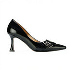 Black high-heeled shoe with a buckle detail on a white background
