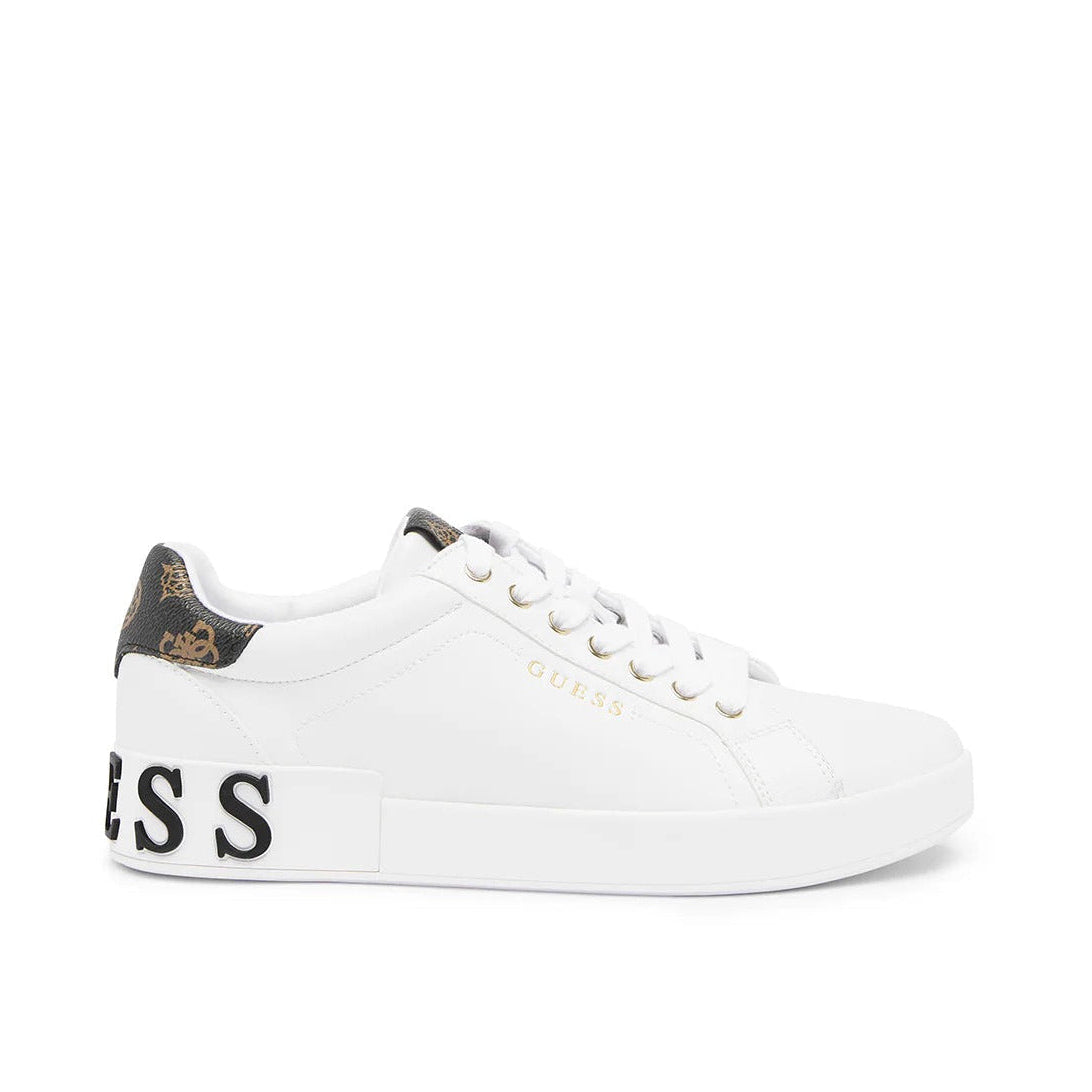 White sneaker with black text on a white background