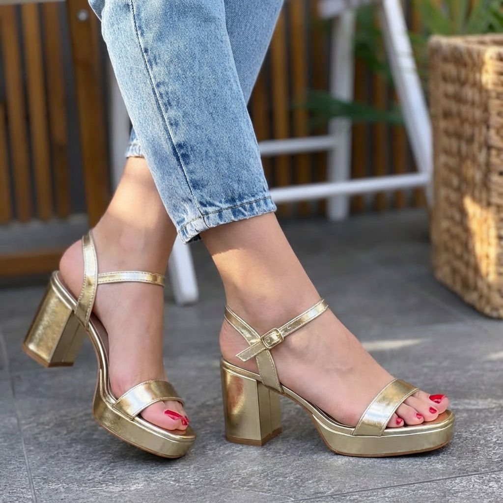 Person wearing gold block-heel sandals