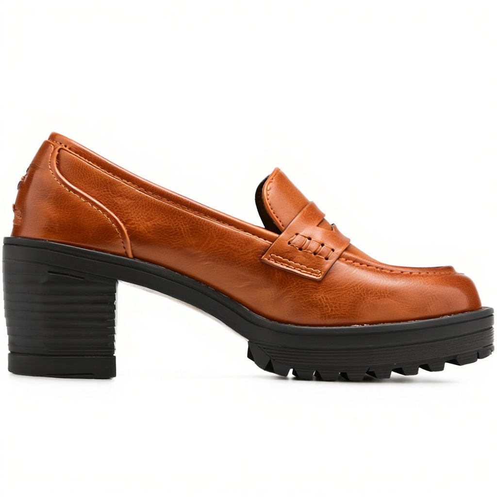 Brown leather loafer shoe on a white background