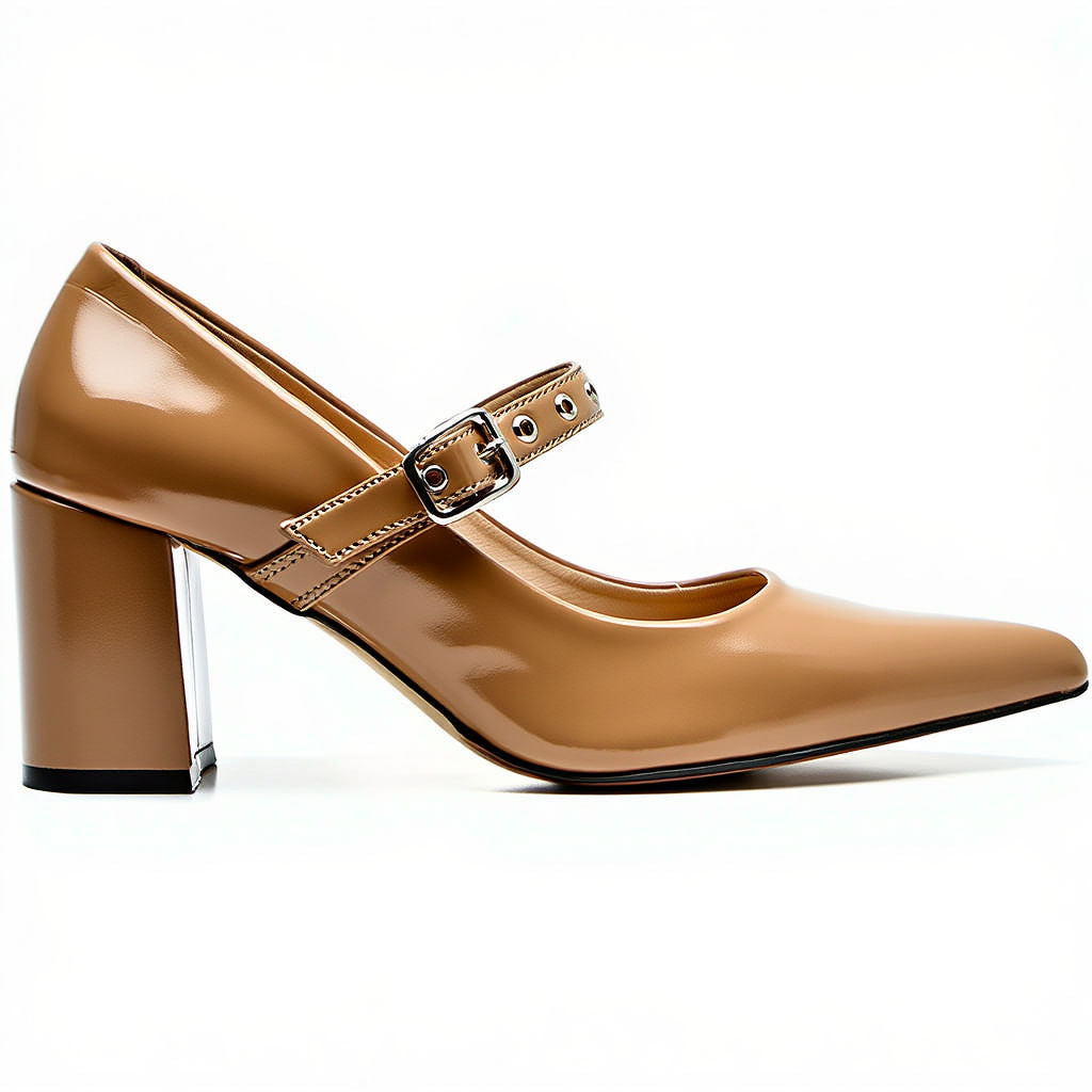 Beige high-heeled shoe with a strap on a white background