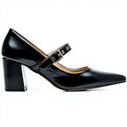 Black high-heeled shoe with a strap on a white background
