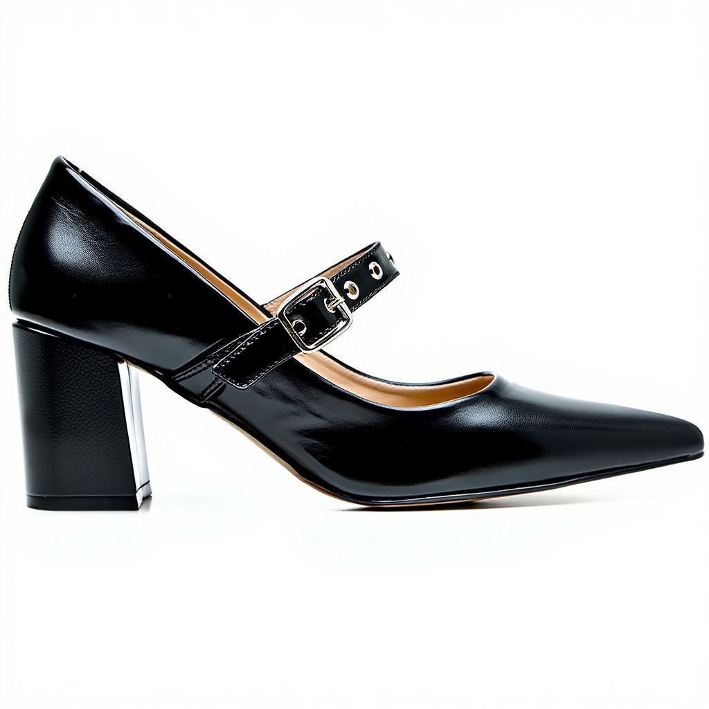 Black high-heeled shoe with a strap on a white background