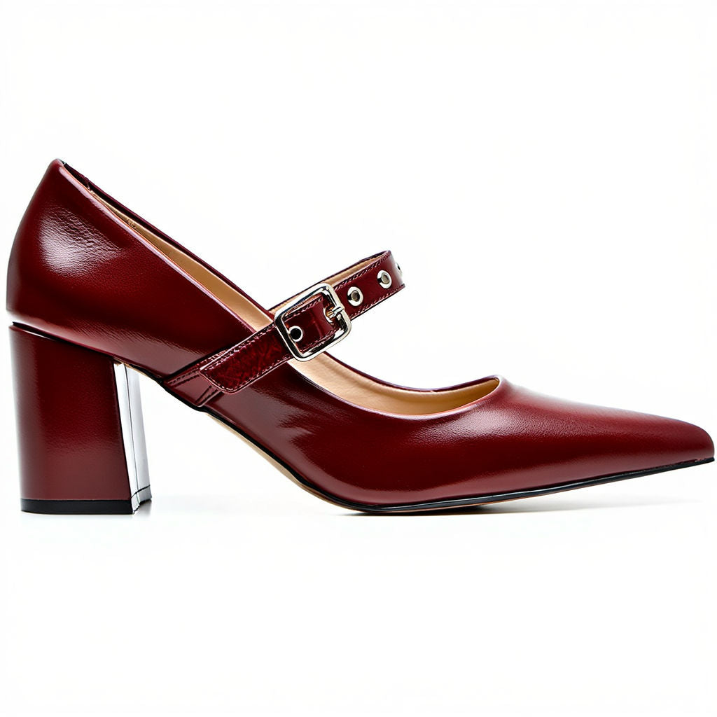 Maroon high-heeled shoe with a strap on a white background